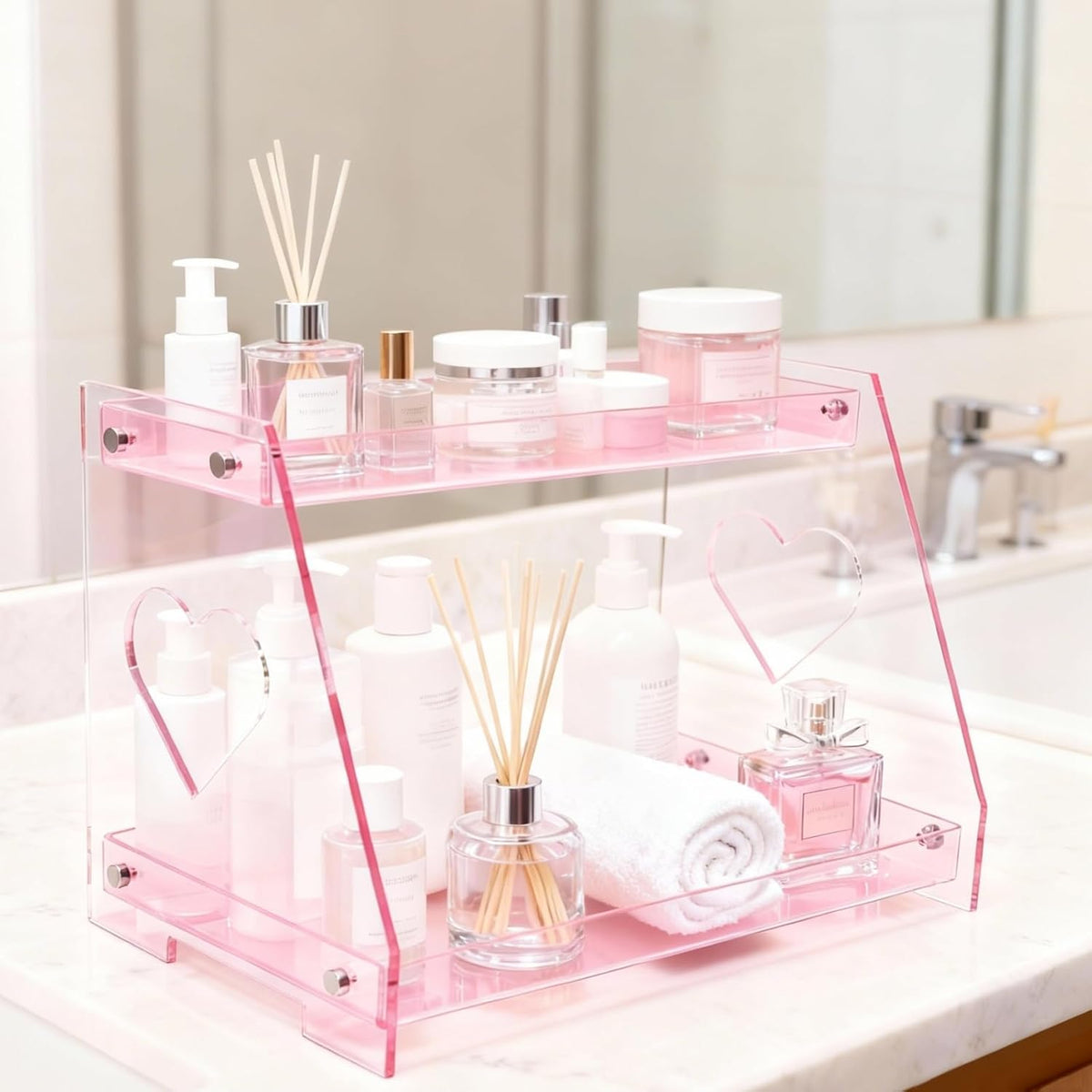 2 Tier Pink Heart Bathroom Countertop Organizer Display Shelf