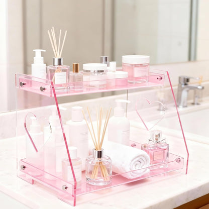 2 Tier Pink Heart Bathroom Countertop Organizer Display Shelf