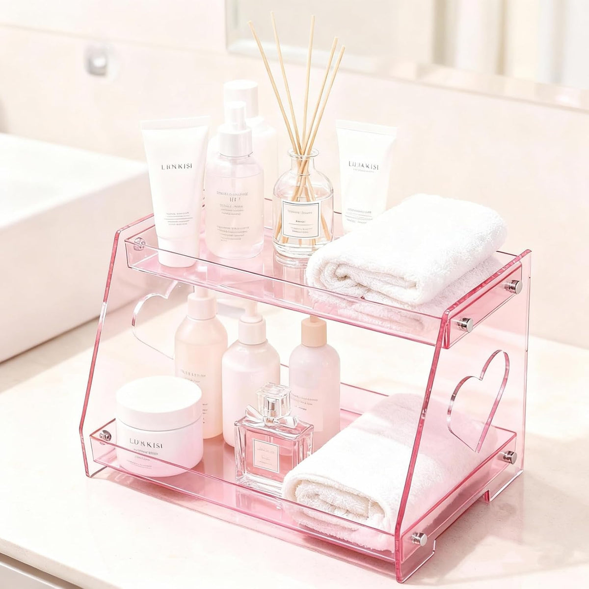 2 Tier Pink Heart Bathroom Countertop Organizer Display Shelf