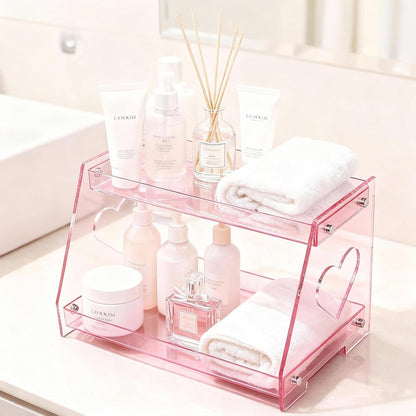 2 Tier Pink Heart Bathroom Countertop Organizer Display Shelf