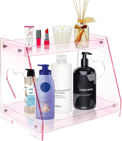2 Tier Pink Heart Bathroom Countertop Organizer Display Shelf