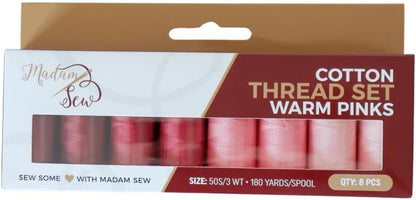 Cotton Thread Set – 8 Small Spools – 100% Cotton Thread for Sewing Machine & Hand Stitching | Strong, Low-Lint All Purpose Threads for Fabric, Quilting, and Stitching – Warm Pinks