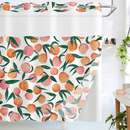 No Hook Shower Curtain with Snap in Liner, Peach Allover Fruits Cute Curtains Set with Waterproof Inner Liner for Bathroom, Peachy Pink 72×74 Inches