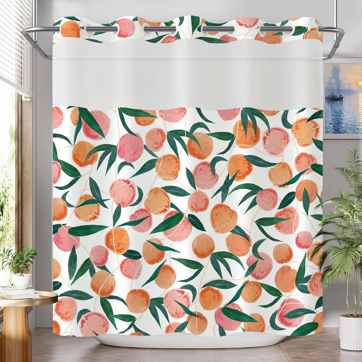 No Hook Shower Curtain with Snap in Liner, Peach Allover Fruits Cute Curtains Set with Waterproof Inner Liner for Bathroom, Peachy Pink 72×74 Inches