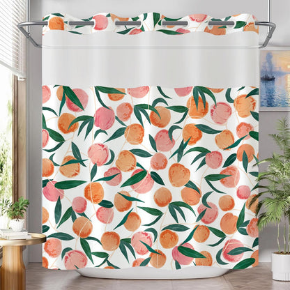No Hook Shower Curtain with Snap in Liner, Peach Allover Fruits Cute Curtains Set with Waterproof Inner Liner for Bathroom, Peachy Pink 72×74 Inches