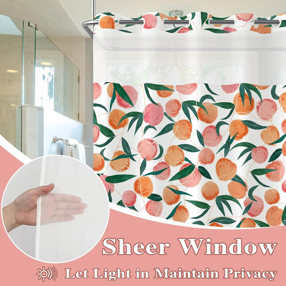 No Hook Shower Curtain with Snap in Liner, Peach Allover Fruits Cute Curtains Set with Waterproof Inner Liner for Bathroom, Peachy Pink 72×74 Inches