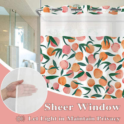 No Hook Shower Curtain with Snap in Liner, Peach Allover Fruits Cute Curtains Set with Waterproof Inner Liner for Bathroom, Peachy Pink 72×74 Inches