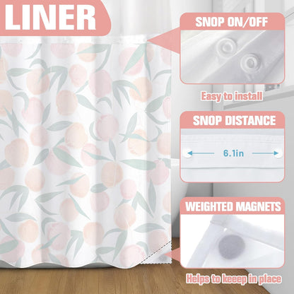 No Hook Shower Curtain with Snap in Liner, Peach Allover Fruits Cute Curtains Set with Waterproof Inner Liner for Bathroom, Peachy Pink 72×74 Inches