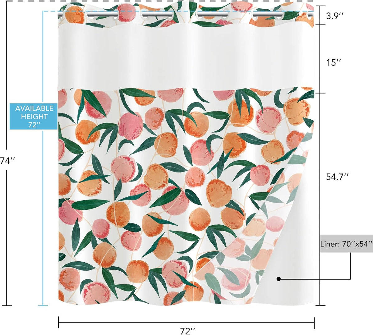 No Hook Shower Curtain with Snap in Liner, Peach Allover Fruits Cute Curtains Set with Waterproof Inner Liner for Bathroom, Peachy Pink 72×74 Inches