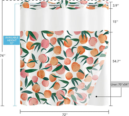 No Hook Shower Curtain with Snap in Liner, Peach Allover Fruits Cute Curtains Set with Waterproof Inner Liner for Bathroom, Peachy Pink 72×74 Inches
