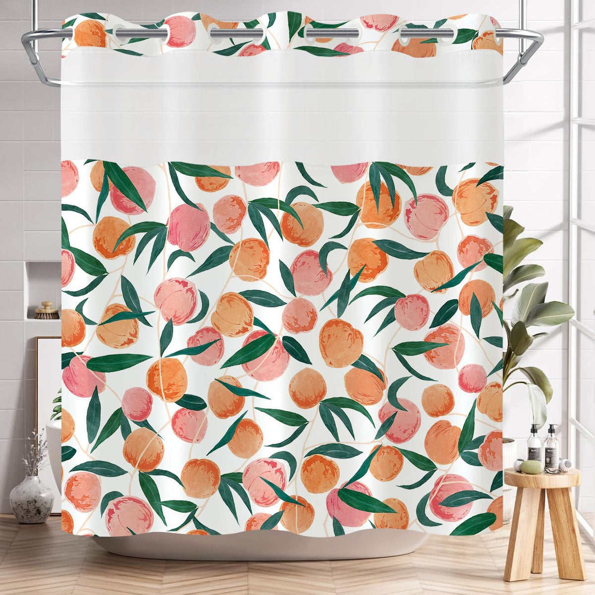 No Hook Shower Curtain with Snap in Liner, Peach Allover Fruits Cute Curtains Set with Waterproof Inner Liner for Bathroom, Peachy Pink 72×74 Inches