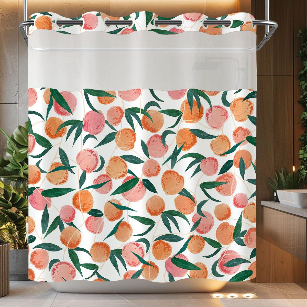 No Hook Shower Curtain with Snap in Liner, Peach Allover Fruits Cute Curtains Set with Waterproof Inner Liner for Bathroom, Peachy Pink 72×74 Inches