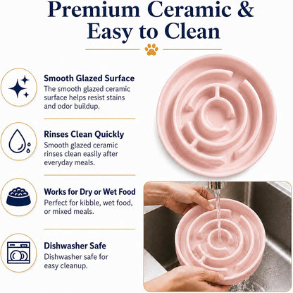 Ceramic Slow Feeder Dog Bowls with Anti-Slip, Slow Feeder & Non-Slip Design, Boredom and Anxiety Reducer, Suitable for All Breed Dogs and Cat (Ceramic-Pink)