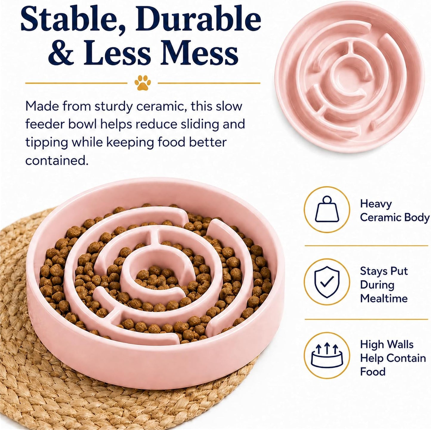 Ceramic Slow Feeder Dog Bowls with Anti-Slip, Slow Feeder & Non-Slip Design, Boredom and Anxiety Reducer, Suitable for All Breed Dogs and Cat (Ceramic-Pink)
