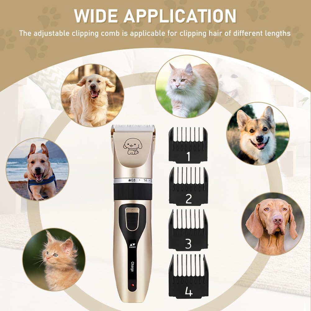 Dog Grooming Clippers, Cordless Electric Pet Shaver Hair Trimmer with 4 Guard Combs, USB Rechargeable Low Noise Cat Dog Clippers for Dogs Cats Pets Grooming Tool