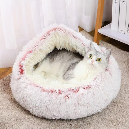Round Fluffy Hooded Cat Bed Cave, Anti-Anxiety Cave Bed with Blanket