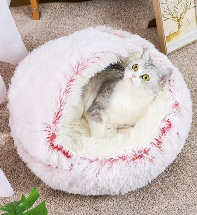 Round Fluffy Hooded Cat Bed Cave, Anti-Anxiety Cave Bed with Blanket