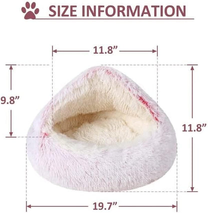 Round Fluffy Hooded Cat Bed Cave, Anti-Anxiety Cave Bed with Blanket