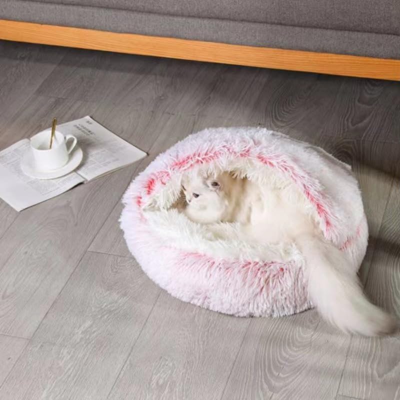 Round Fluffy Hooded Cat Bed Cave, Anti-Anxiety Cave Bed with Blanket