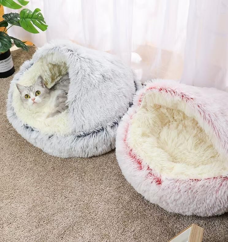 Round Fluffy Hooded Cat Bed Cave, Anti-Anxiety Cave Bed with Blanket