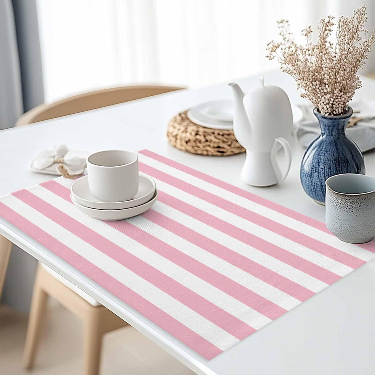 Placemat Pink and White Stripes Place Mats for Dining Table Striped Simple Style Washable Table Mats for Kitchen Tabletop Dining Decorations Set of 6