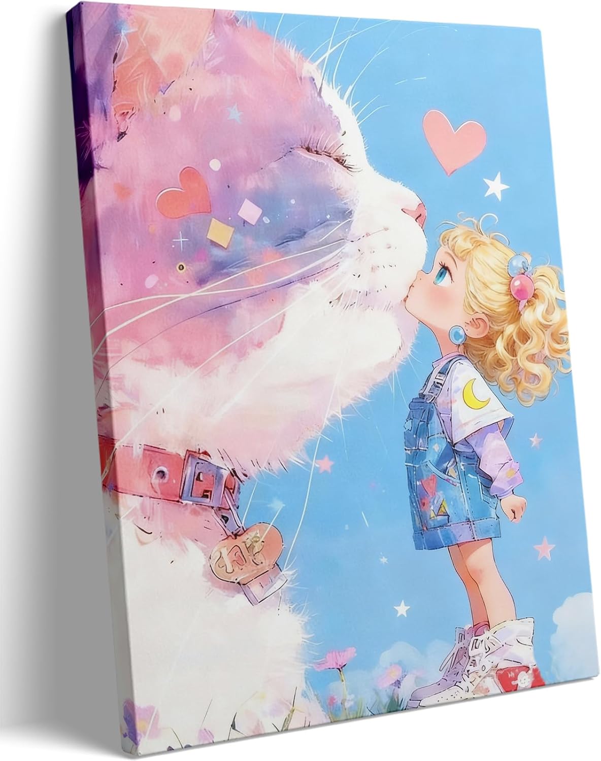 12x16" Pink Cat Kissing Little Girl Canvas Wall Art Cute Kawaii Poster