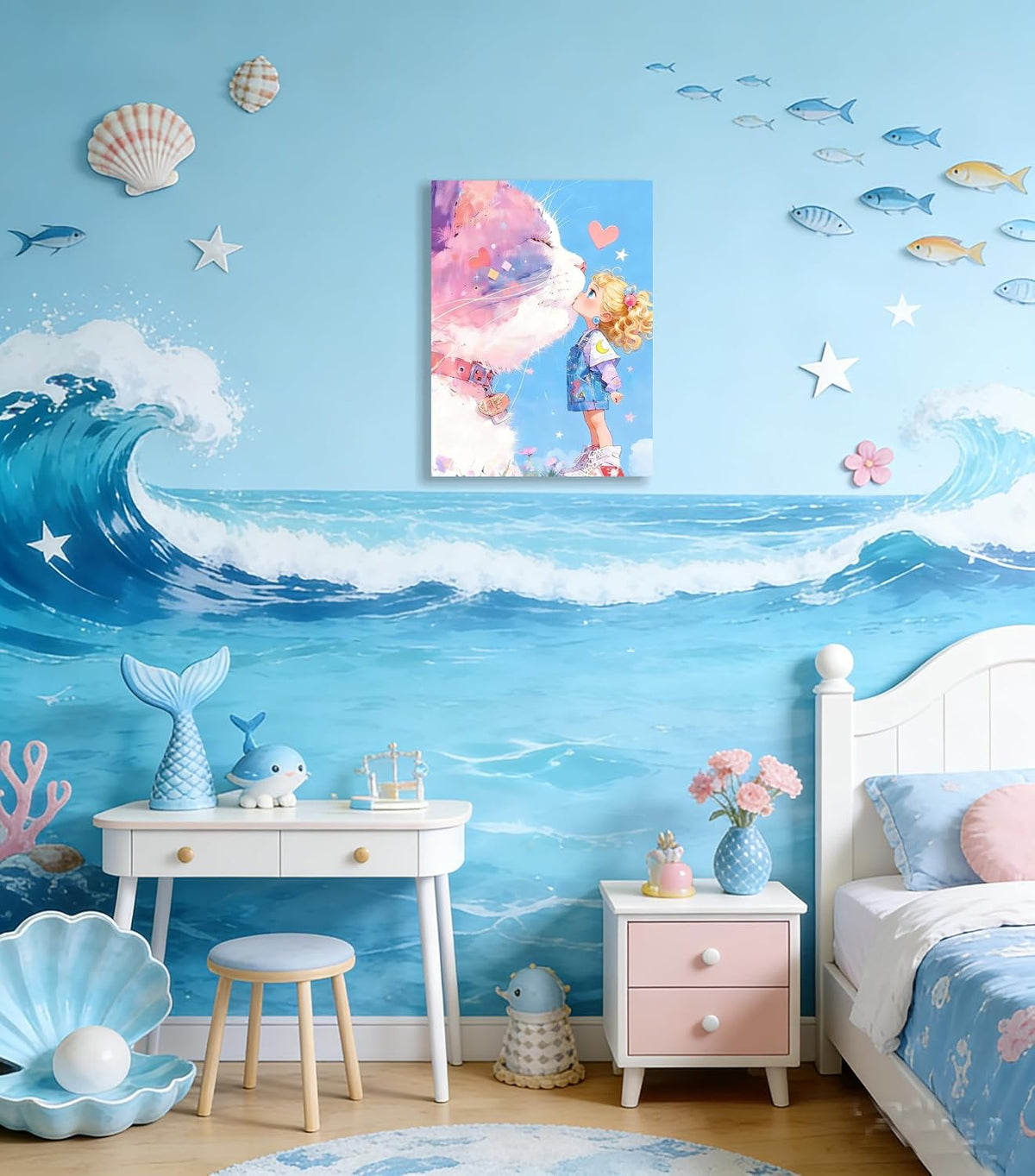 12x16" Pink Cat Kissing Little Girl Canvas Wall Art Cute Kawaii Poster