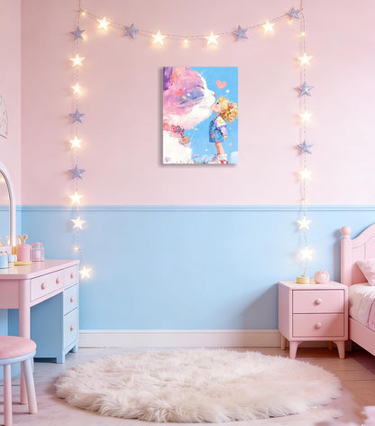 12x16" Pink Cat Kissing Little Girl Canvas Wall Art Cute Kawaii Poster