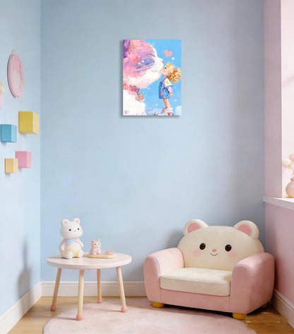 12x16" Pink Cat Kissing Little Girl Canvas Wall Art Cute Kawaii Poster