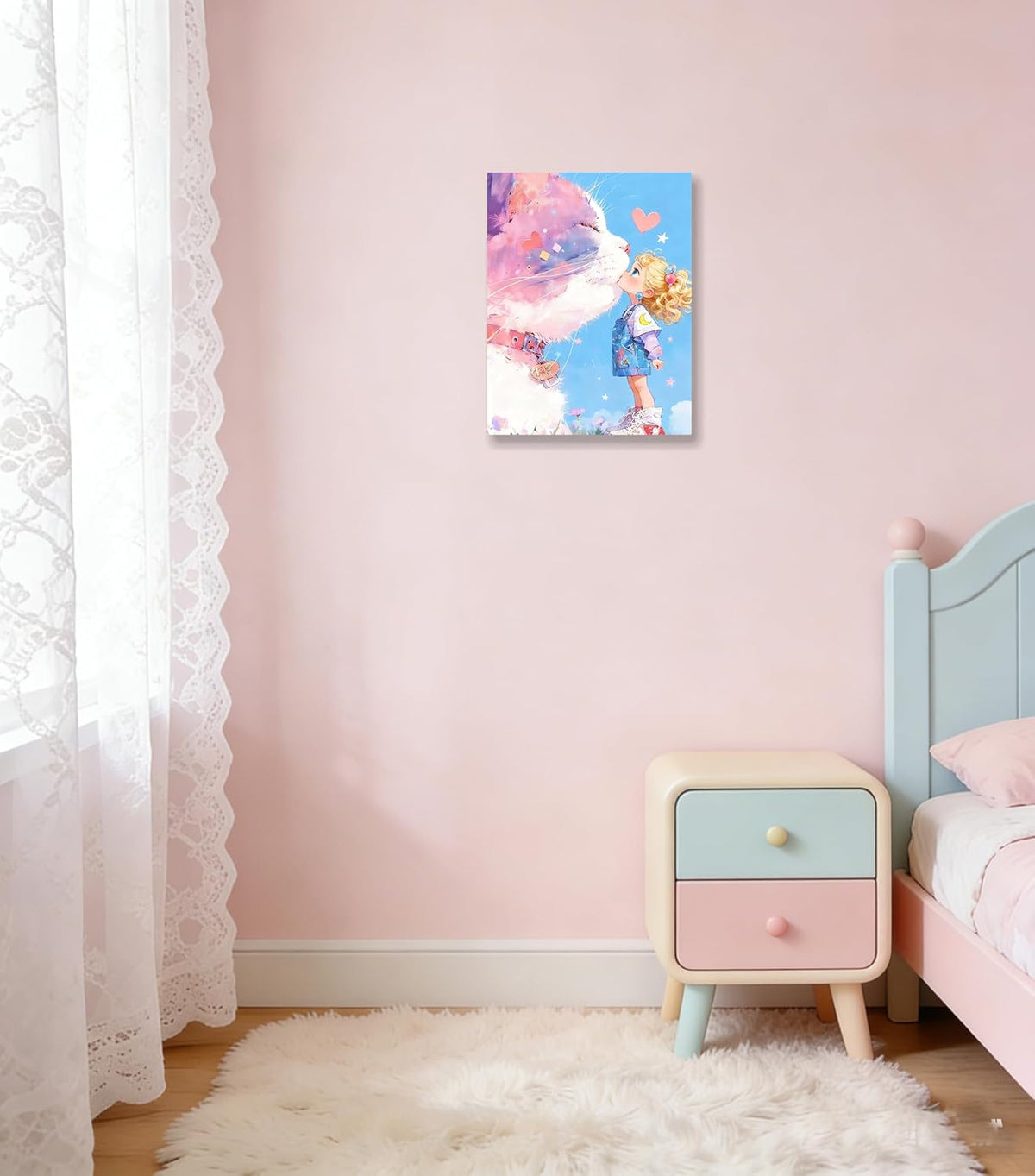 12x16" Pink Cat Kissing Little Girl Canvas Wall Art Cute Kawaii Poster