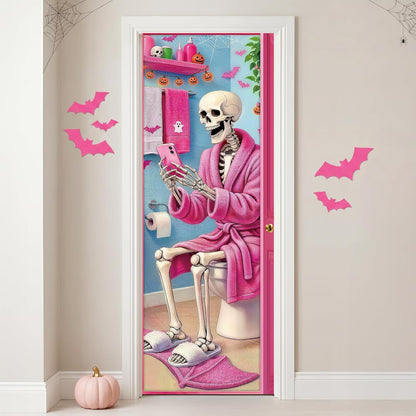 Pink Halloween Door Cover: Funny Skeleton on Toilet Door Banner, Modern Aesthetic Halloween Bathroom Decor, Spooky Cute Skeleton Washroom Door Sticker for Restroom Home Indoor