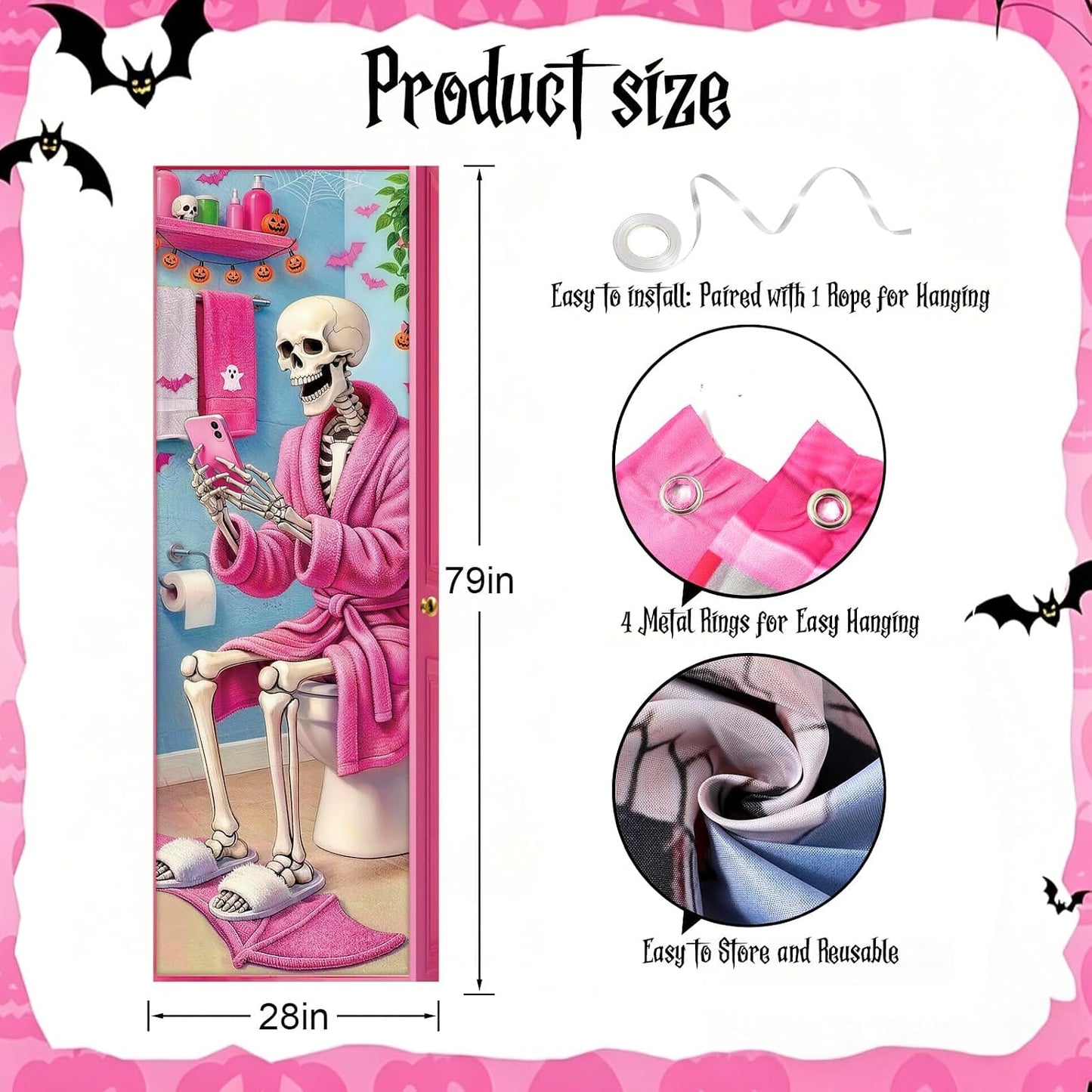 Pink Halloween Door Cover: Funny Skeleton on Toilet Door Banner, Modern Aesthetic Halloween Bathroom Decor, Spooky Cute Skeleton Washroom Door Sticker for Restroom Home Indoor