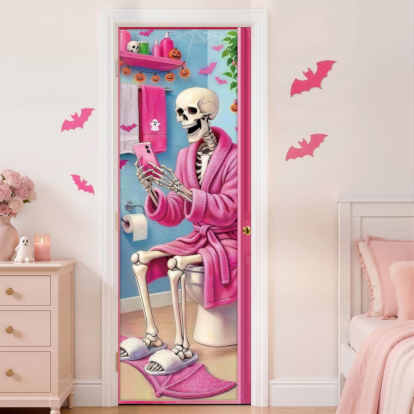 Pink Halloween Door Cover: Funny Skeleton on Toilet Door Banner, Modern Aesthetic Halloween Bathroom Decor, Spooky Cute Skeleton Washroom Door Sticker for Restroom Home Indoor