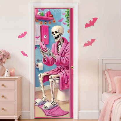 Pink Halloween Door Cover: Funny Skeleton on Toilet Door Banner, Modern Aesthetic Halloween Bathroom Decor, Spooky Cute Skeleton Washroom Door Sticker for Restroom Home Indoor