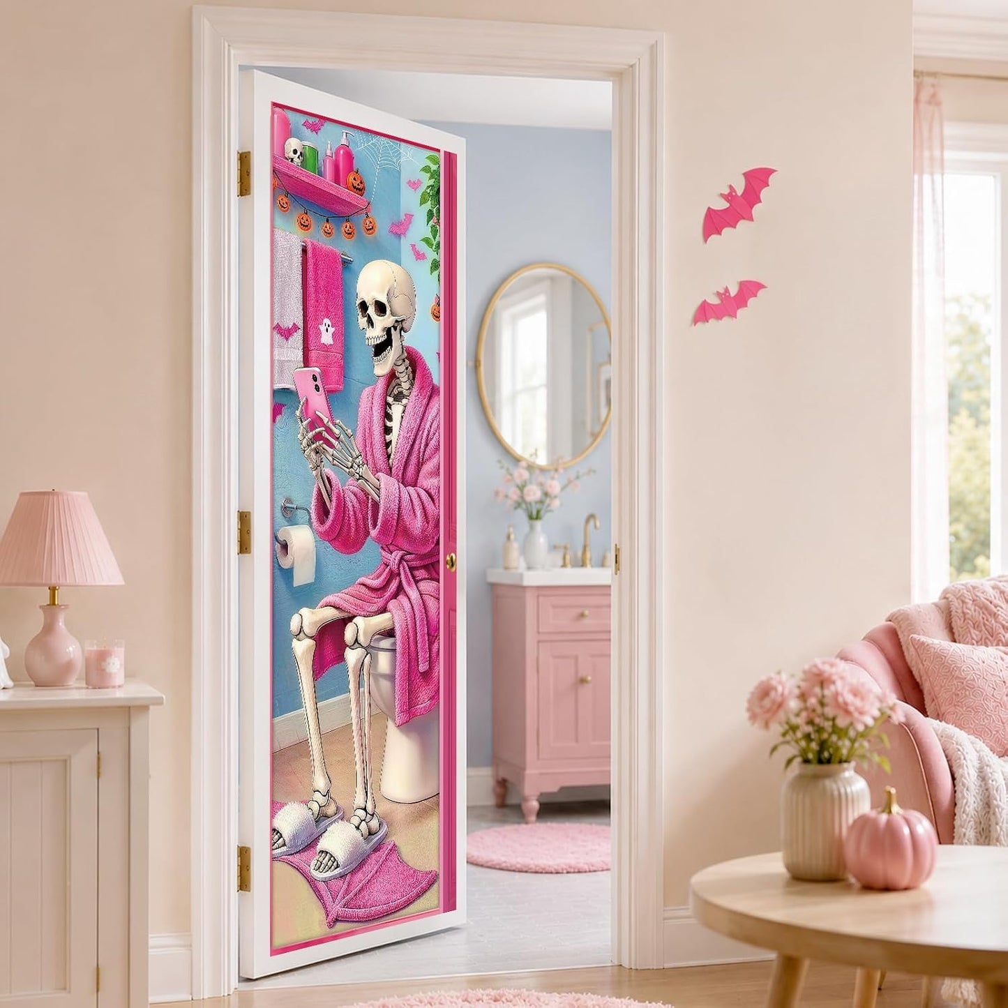 Pink Halloween Door Cover: Funny Skeleton on Toilet Door Banner, Modern Aesthetic Halloween Bathroom Decor, Spooky Cute Skeleton Washroom Door Sticker for Restroom Home Indoor