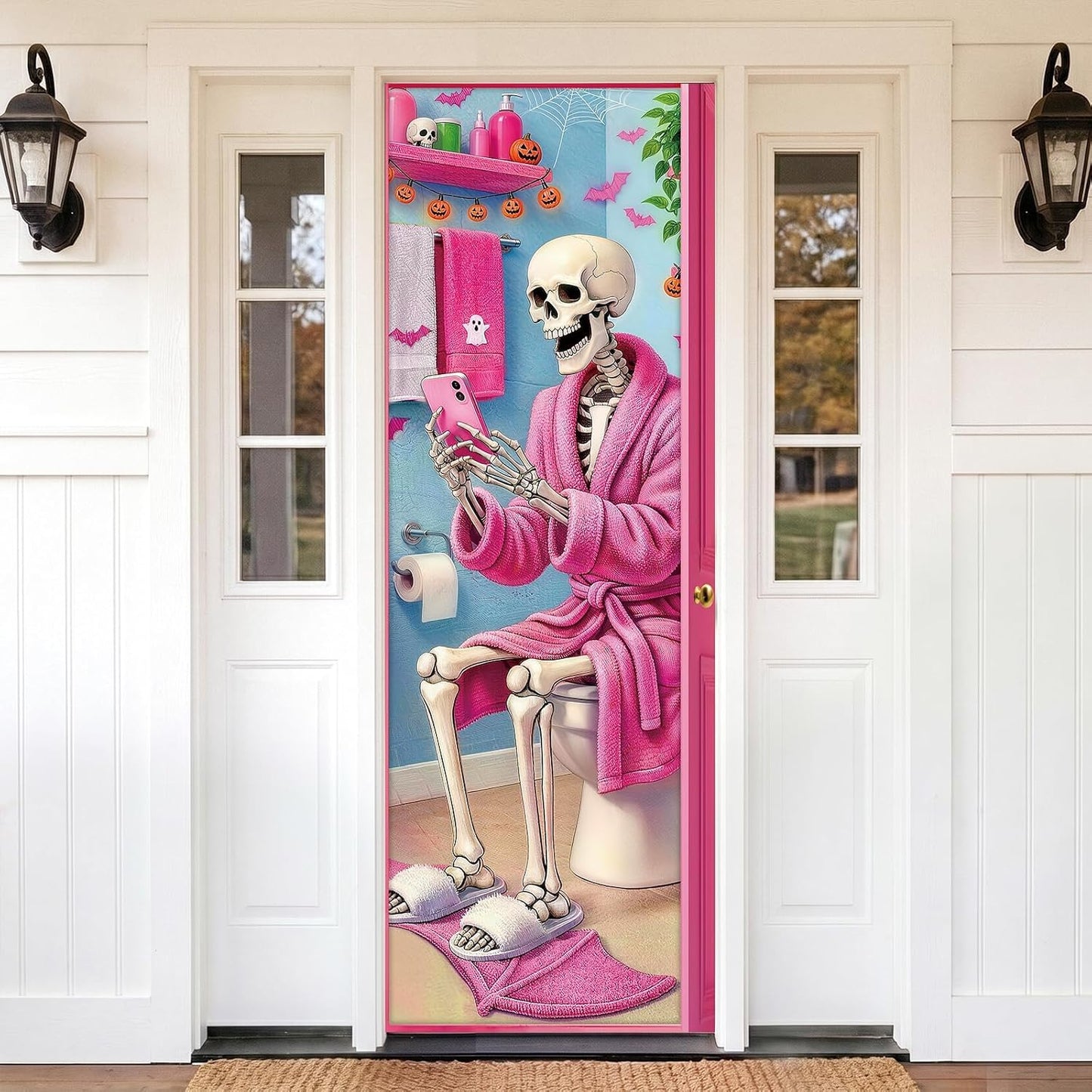 Pink Halloween Door Cover: Funny Skeleton on Toilet Door Banner, Modern Aesthetic Halloween Bathroom Decor, Spooky Cute Skeleton Washroom Door Sticker for Restroom Home Indoor