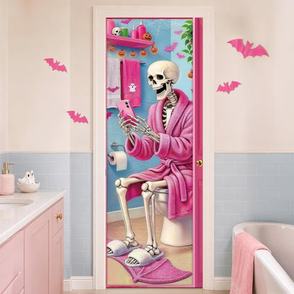 Pink Halloween Door Cover: Funny Skeleton on Toilet Door Banner, Modern Aesthetic Halloween Bathroom Decor, Spooky Cute Skeleton Washroom Door Sticker for Restroom Home Indoor