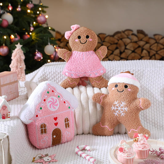 3 Pcs Christmas Gingerbread Man House Throw Pillows Xmas Pillows