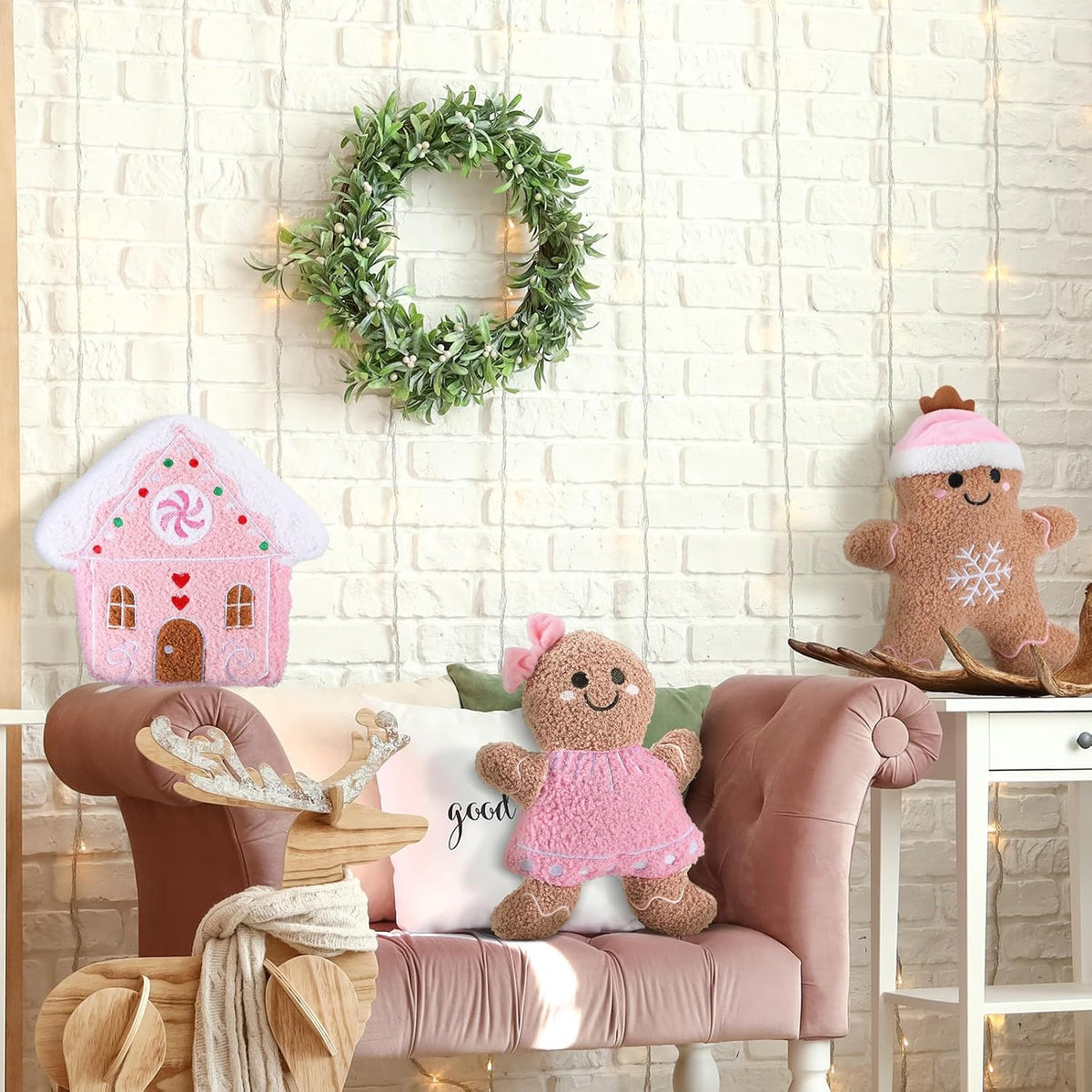 3 Pcs Christmas Gingerbread Man House Throw Pillows Xmas Pillows