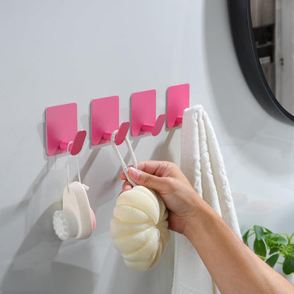 4 Pack Hooks for Wall - Cute Kids Wall Hook Adhesive Coat Robe Towel Hooks for Bathrooms Kitchen Heavy Duty Stainless Steel, Pink
