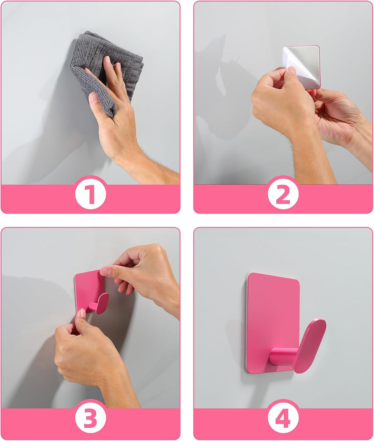 4 Pack Hooks for Wall - Cute Kids Wall Hook Adhesive Coat Robe Towel Hooks for Bathrooms Kitchen Heavy Duty Stainless Steel, Pink
