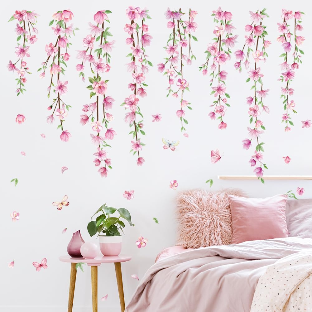 Pink Flower Vine Wall Decals Hanging Floral Wall Stickers Spring Cherry Blossom Peel and Stick Wall Art Decal Removable Vinyl Mural for Girls Bedroom Nursery Living Room