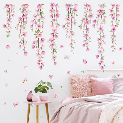 Pink Flower Vine Wall Decals Hanging Floral Wall Stickers Spring Cherry Blossom Peel and Stick Wall Art Decal Removable Vinyl Mural for Girls Bedroom Nursery Living Room