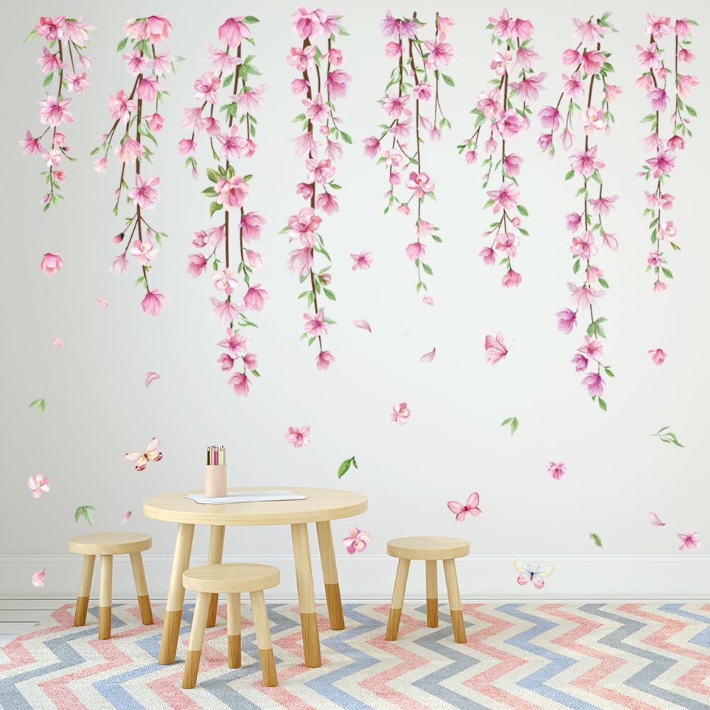 Pink Flower Vine Wall Decals Hanging Floral Wall Stickers Spring Cherry Blossom Peel and Stick Wall Art Decal Removable Vinyl Mural for Girls Bedroom Nursery Living Room