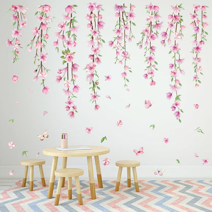 Pink Flower Vine Wall Decals Hanging Floral Wall Stickers Spring Cherry Blossom Peel and Stick Wall Art Decal Removable Vinyl Mural for Girls Bedroom Nursery Living Room