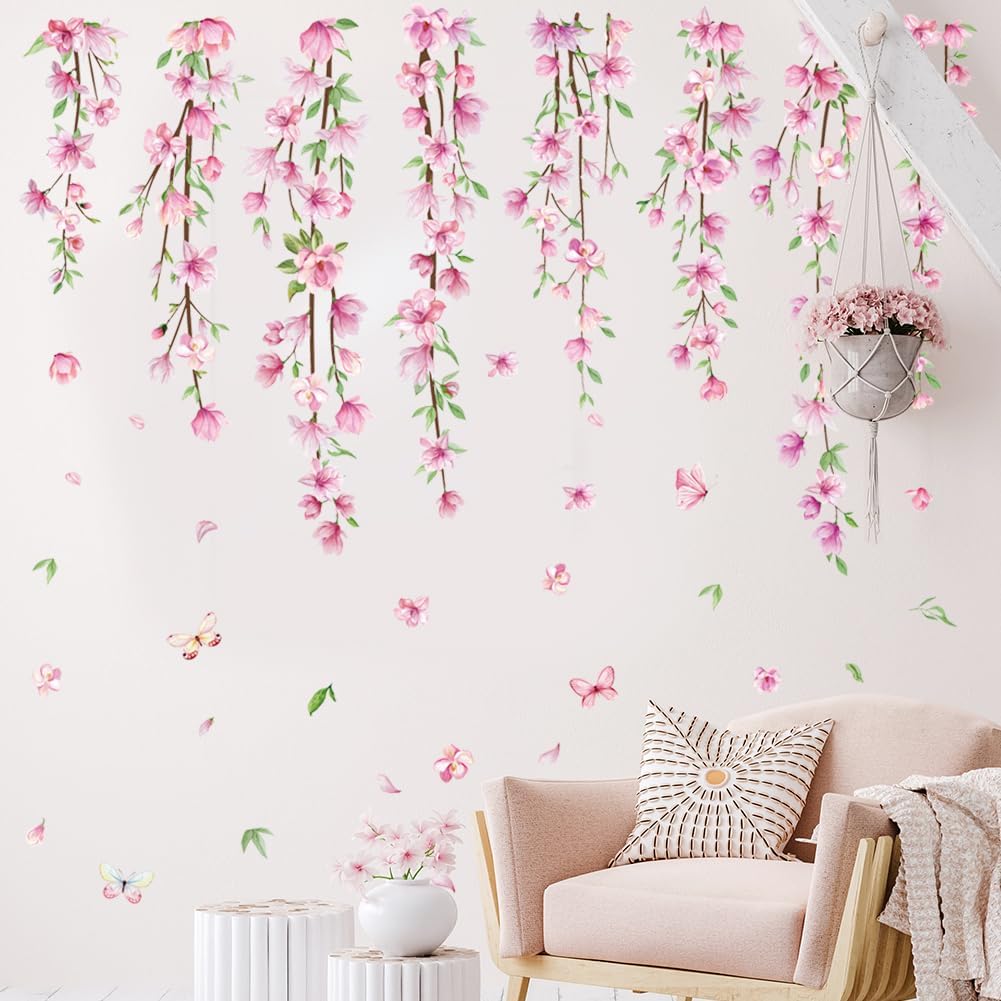 Pink Flower Vine Wall Decals Hanging Floral Wall Stickers Spring Cherry Blossom Peel and Stick Wall Art Decal Removable Vinyl Mural for Girls Bedroom Nursery Living Room