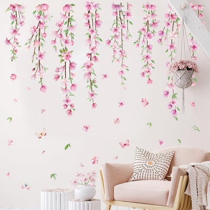 Pink Flower Vine Wall Decals Hanging Floral Wall Stickers Spring Cherry Blossom Peel and Stick Wall Art Decal Removable Vinyl Mural for Girls Bedroom Nursery Living Room