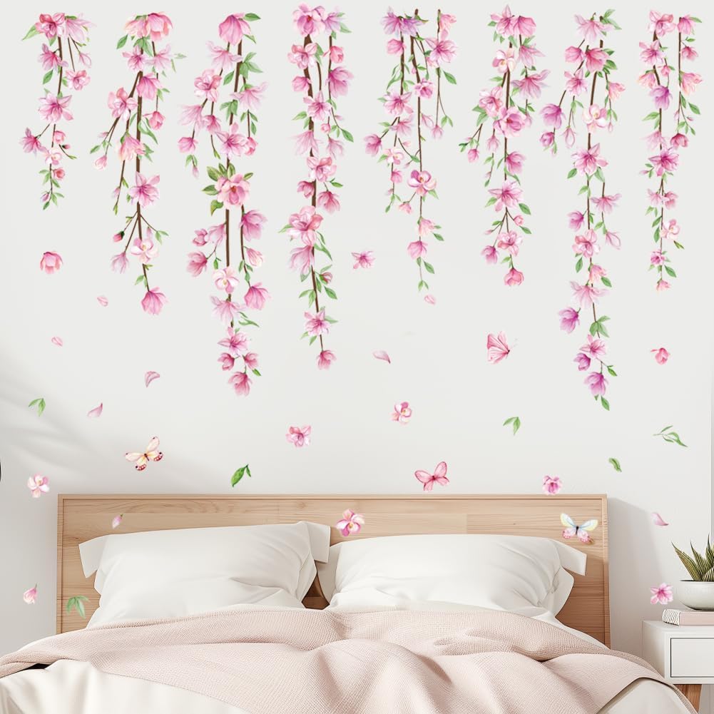 Pink Flower Vine Wall Decals Hanging Floral Wall Stickers Spring Cherry Blossom Peel and Stick Wall Art Decal Removable Vinyl Mural for Girls Bedroom Nursery Living Room