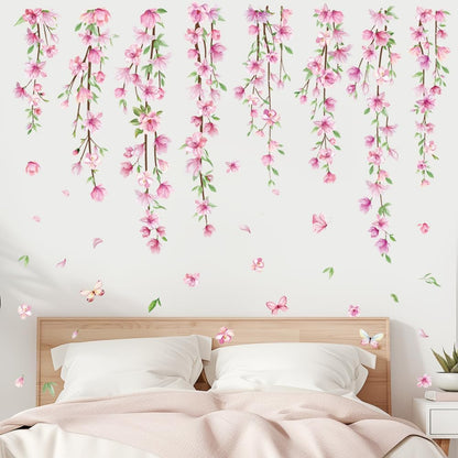 Pink Flower Vine Wall Decals Hanging Floral Wall Stickers Spring Cherry Blossom Peel and Stick Wall Art Decal Removable Vinyl Mural for Girls Bedroom Nursery Living Room