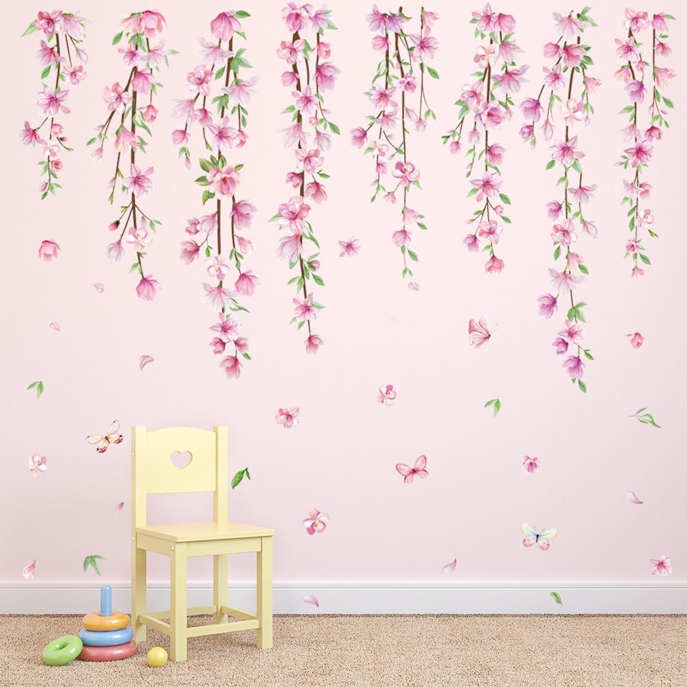 Pink Flower Vine Wall Decals Hanging Floral Wall Stickers Spring Cherry Blossom Peel and Stick Wall Art Decal Removable Vinyl Mural for Girls Bedroom Nursery Living Room